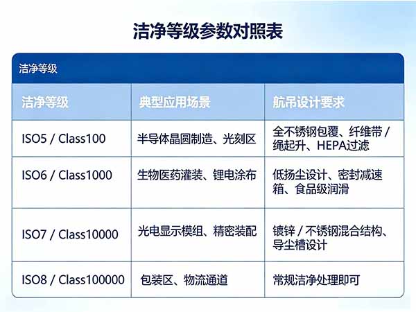 洁净室起重机洁净等级对照表